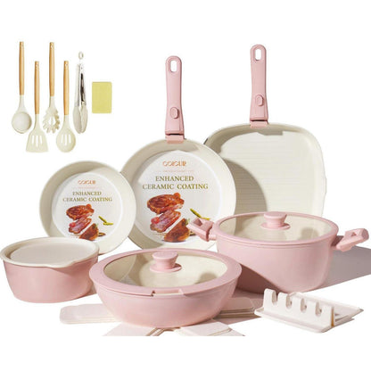 23-teiliges Keramik Topfset Rosa – Antihaft & Stapelbar