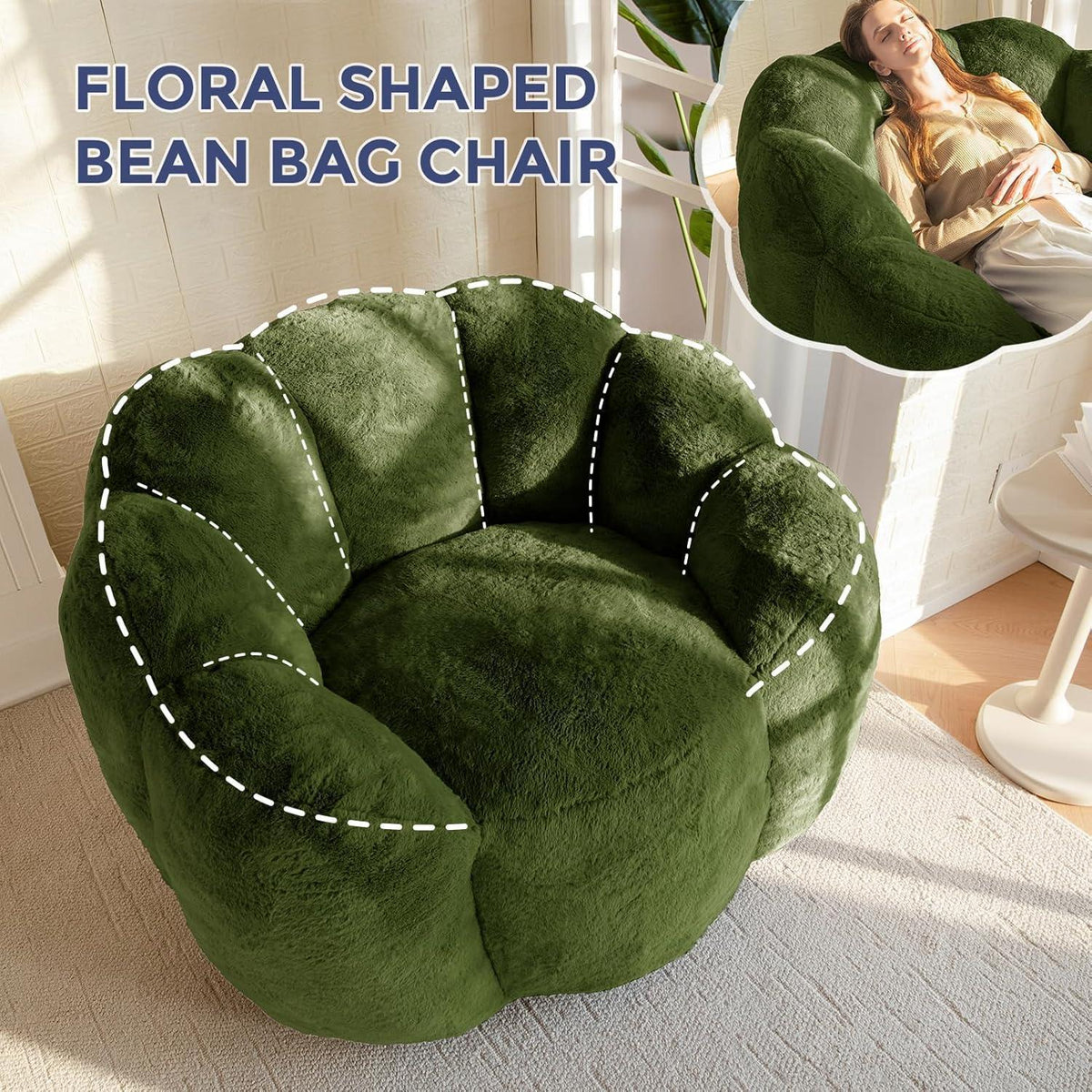 Sitzsack Erwachsene, Blumenform, Memory Foam, Grün