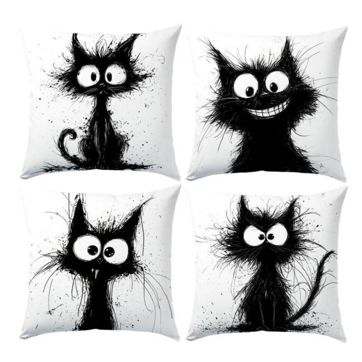 Katzen Kissenbezüge 4er Set – 40x40 cm, Schwarze Katze