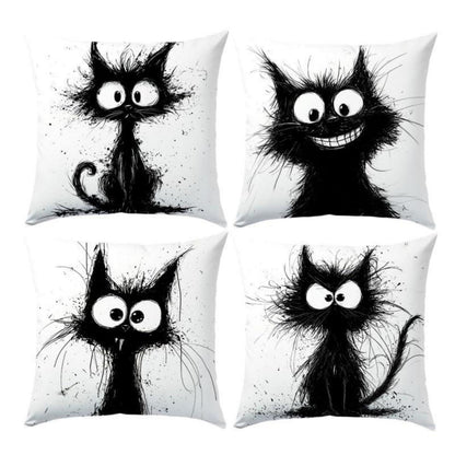 Katzen Kissenbezüge 4er Set – 40x40 cm, Schwarze Katze