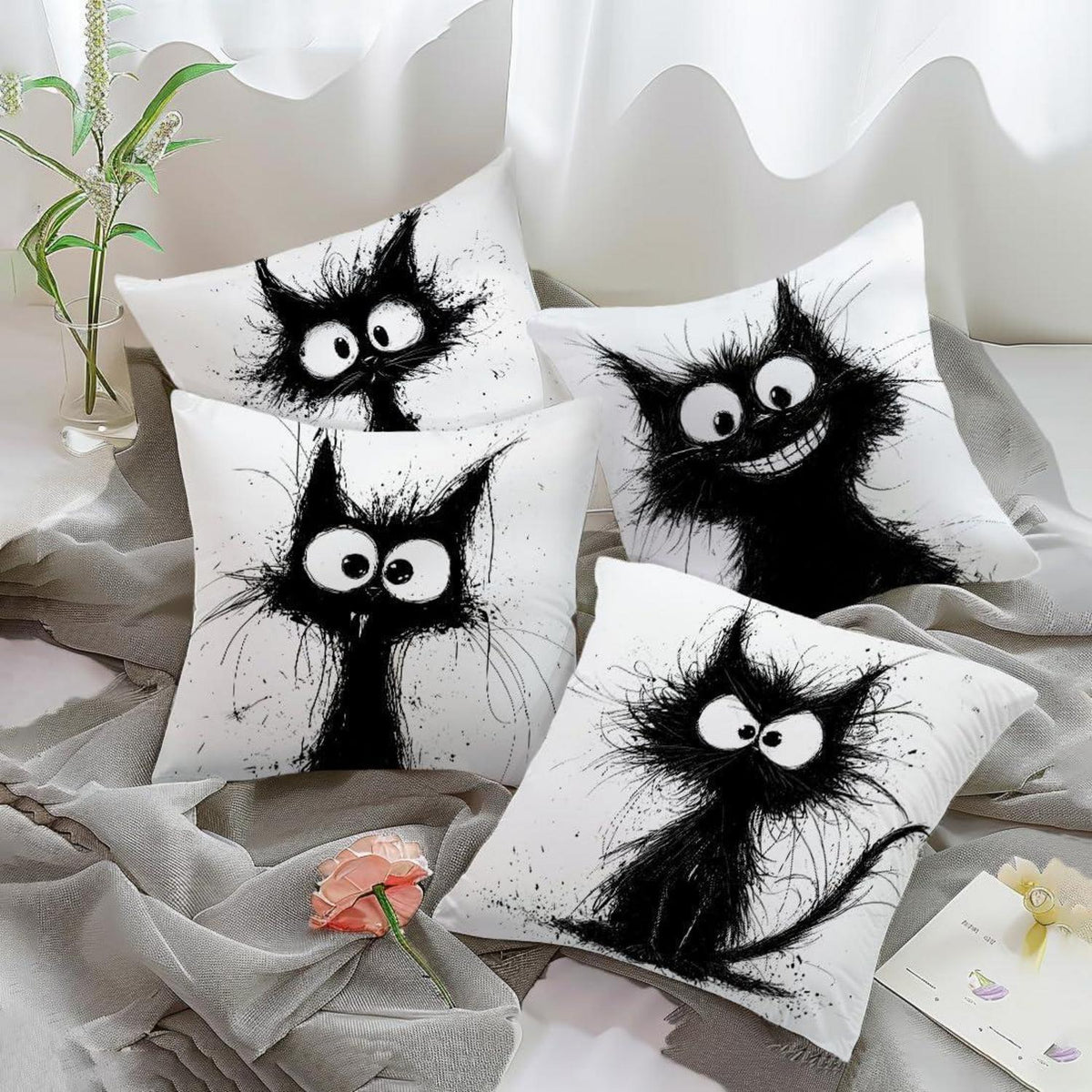 Katzen Kissenbezüge 4er Set – 40x40 cm, Schwarze Katze