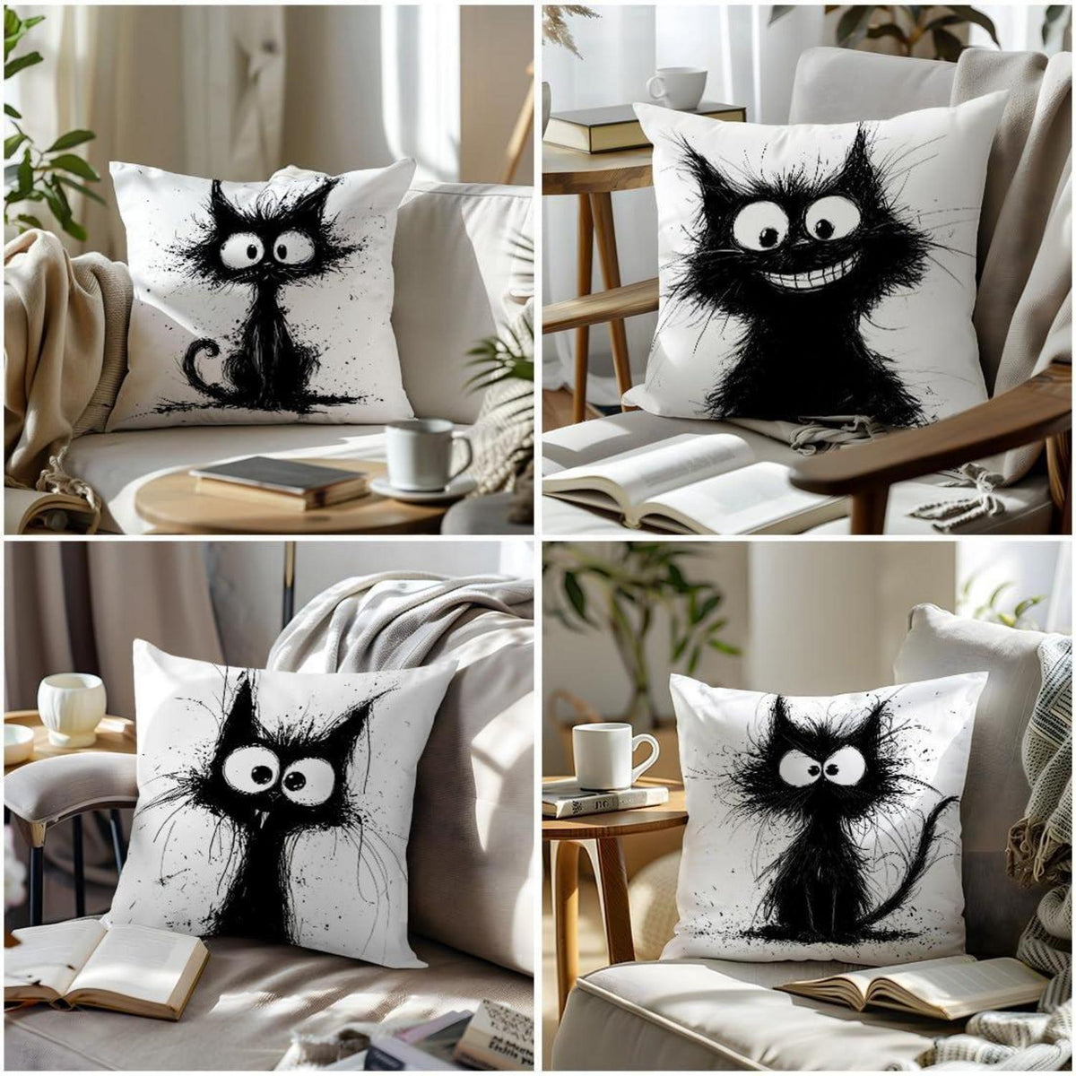 Katzen Kissenbezüge 4er Set – 40x40 cm, Schwarze Katze