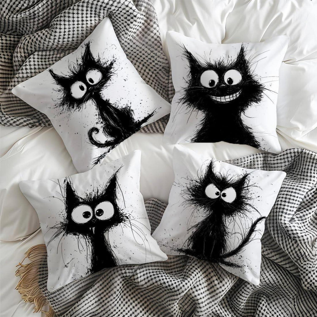 Katzen Kissenbezüge 4er Set – 40x40 cm, Schwarze Katze