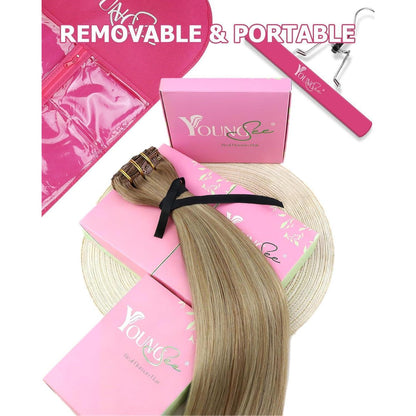 Echthaar Clip-Ins Ombre Hellbraun-Platinblond 60cm