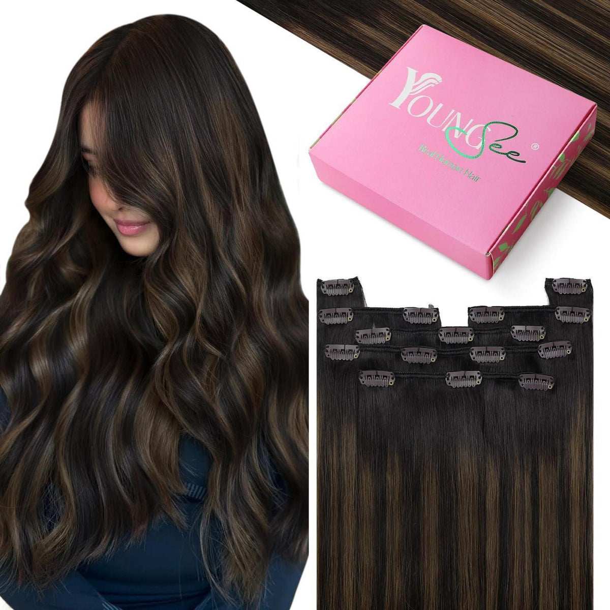 Clip-in Echthaar Extensions Balayage Dunkelbraun-Hellbraun 60cm