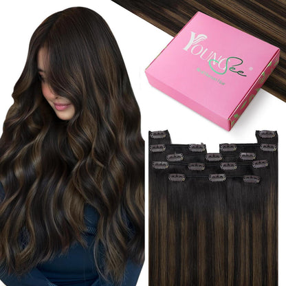 Clip-in Echthaar Extensions Balayage Dunkelbraun-Hellbraun 60cm