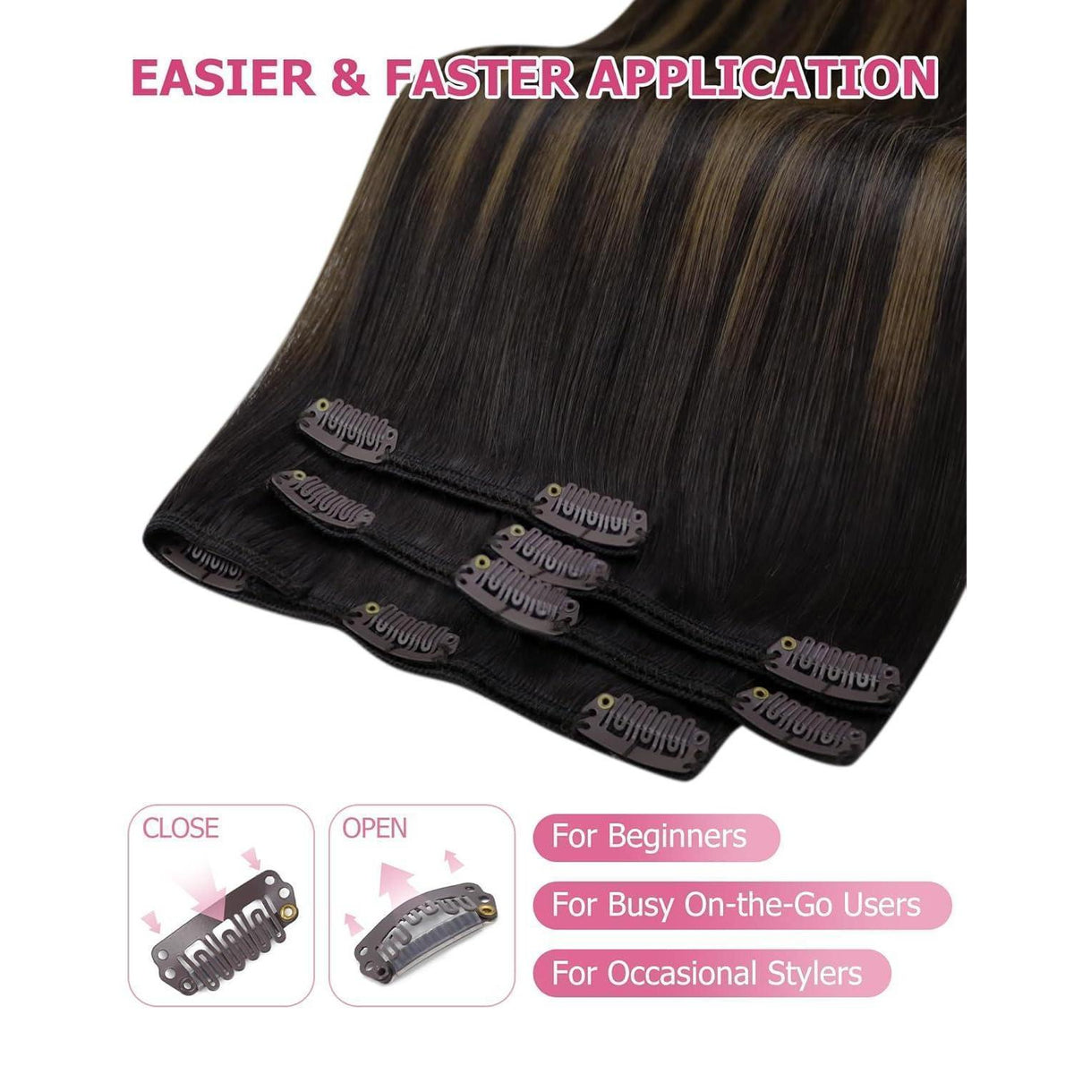 Clip-in Echthaar Extensions Balayage Dunkelbraun-Hellbraun 60cm