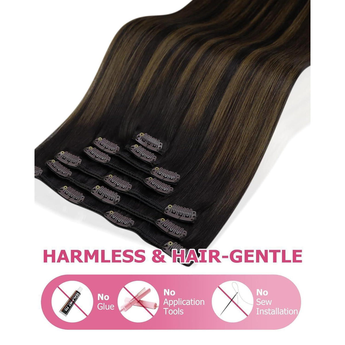 Clip-in Echthaar Extensions Balayage Dunkelbraun-Hellbraun 60cm