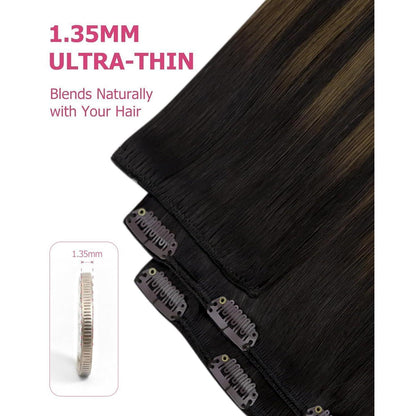 Clip-in Echthaar Extensions Balayage Dunkelbraun-Hellbraun 60cm