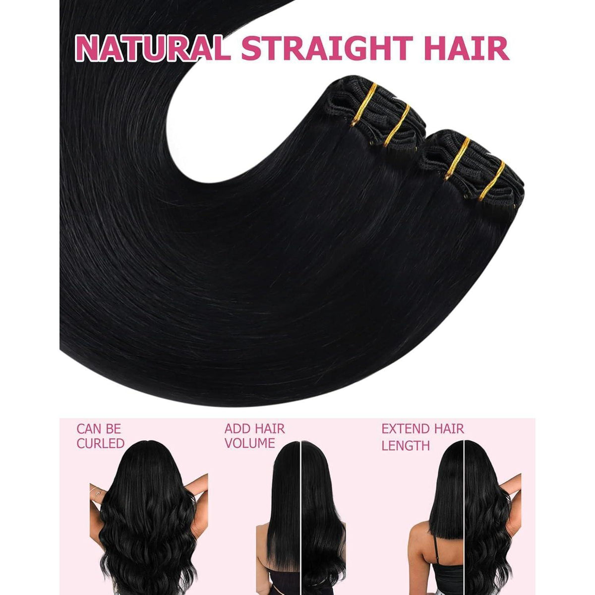 Echthaar Clip-in Extension Schwarz 60cm – 150g Volumen