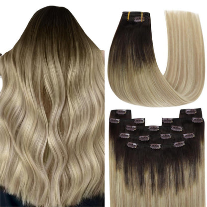 Clip-in Echthaar Extensions Braun-Blond Ombré 60cm