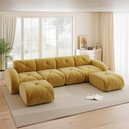 Großes U-förmiges Cord Sofa 4-Sitzer + 2 Fußhocker Gelb