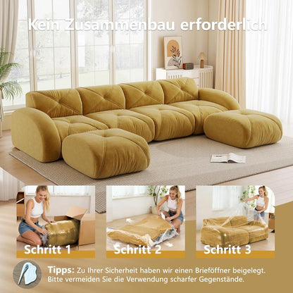 Großes U-förmiges Cord Sofa 4-Sitzer + 2 Fußhocker Gelb