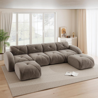 Großes U-förmiges Cord Sofa 4-Sitzer mit Fußhockern Braun