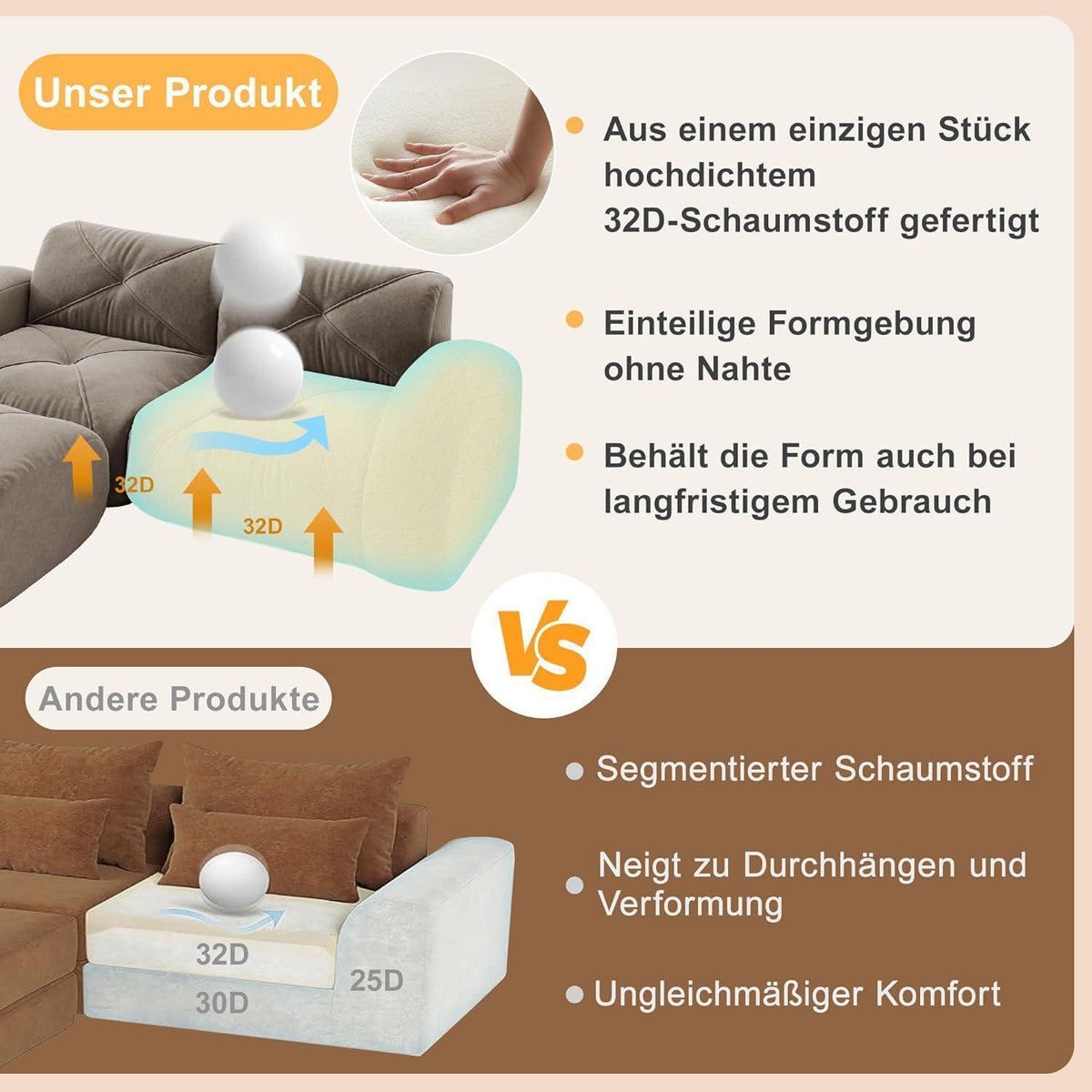 Großes U-förmiges Cord Sofa 4-Sitzer mit Fußhockern Braun