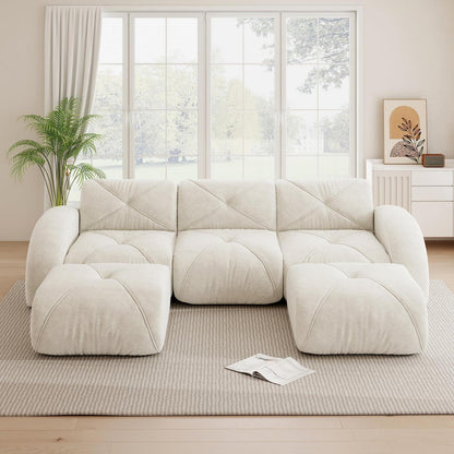 Modulares Cord Sofa 3-Sitzer + 2 Hocker – Weiß