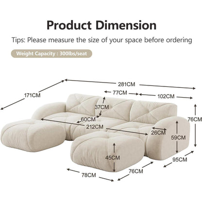Modulares Cord Sofa 3-Sitzer + 2 Hocker – Weiß