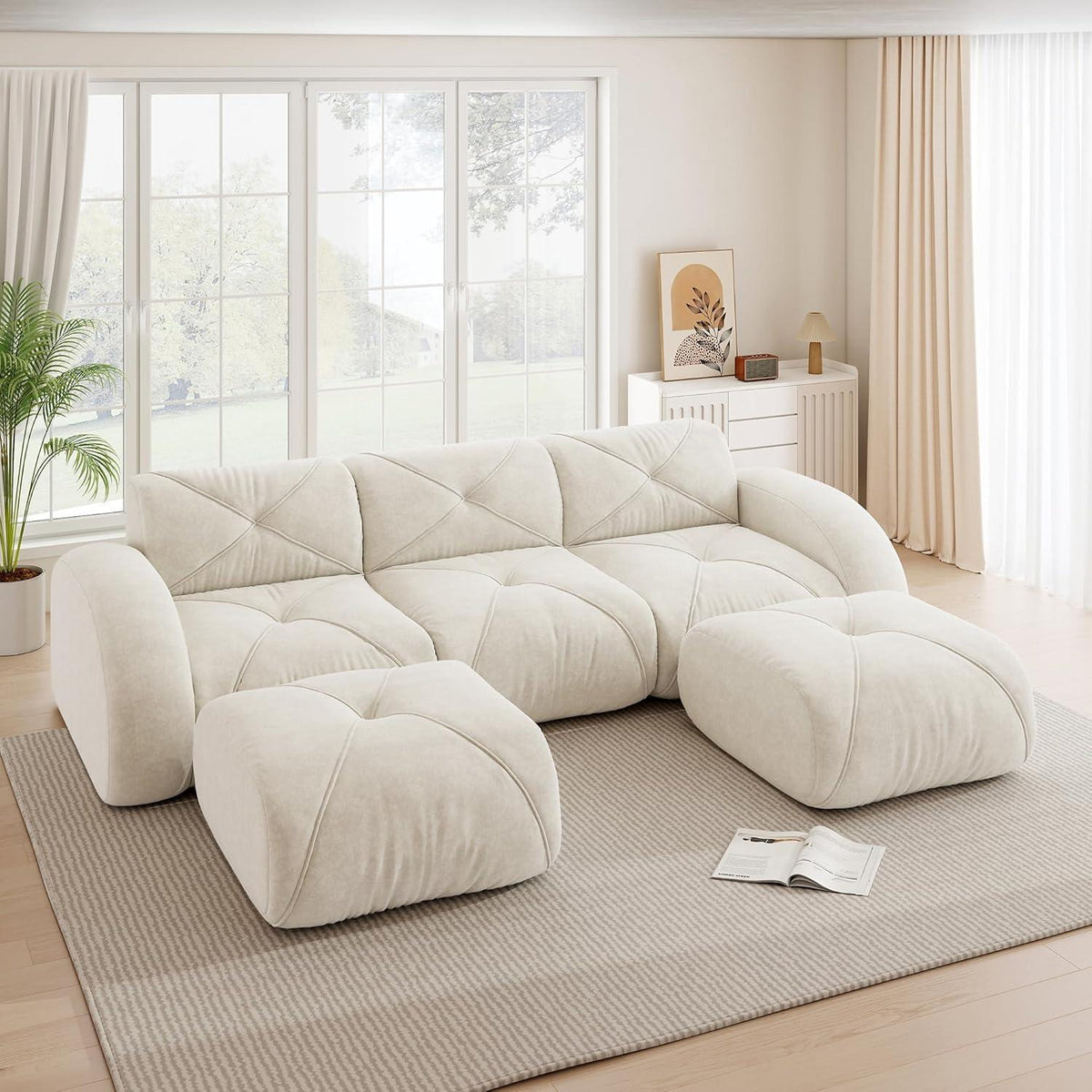 Modulares Cord Sofa 3-Sitzer + 2 Hocker – Weiß