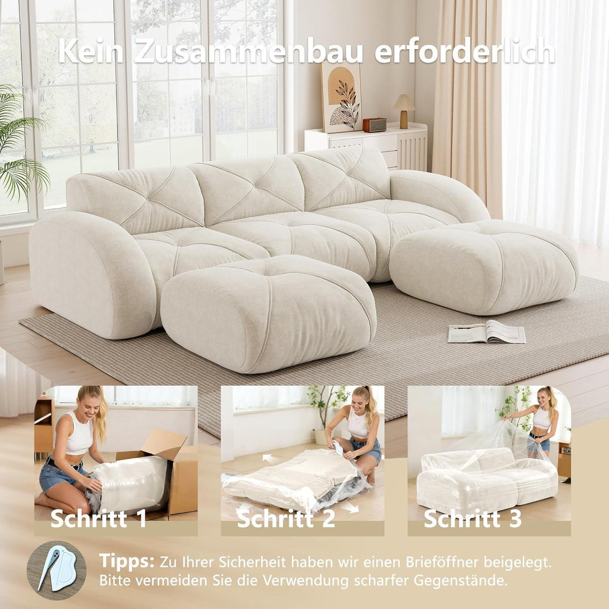 Modulares Cord Sofa 3-Sitzer + 2 Hocker – Weiß