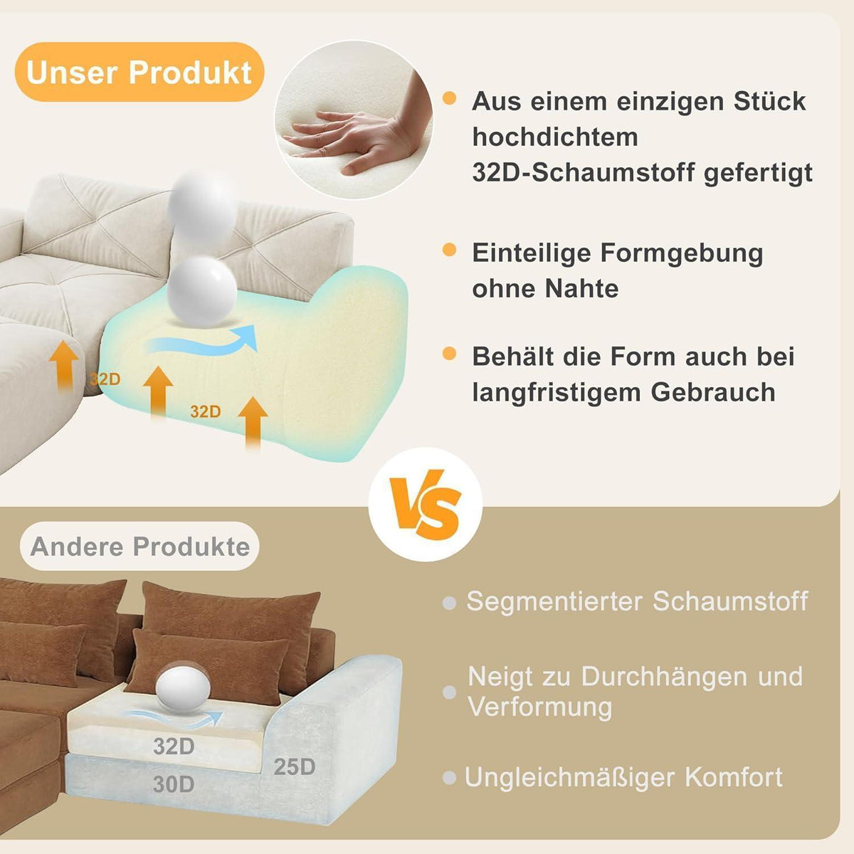Modulares Cord Sofa 3-Sitzer + 2 Hocker – Weiß