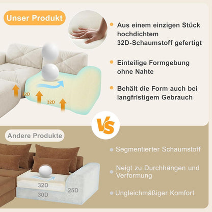 Modulares Cord Sofa 3-Sitzer + 2 Hocker – Weiß