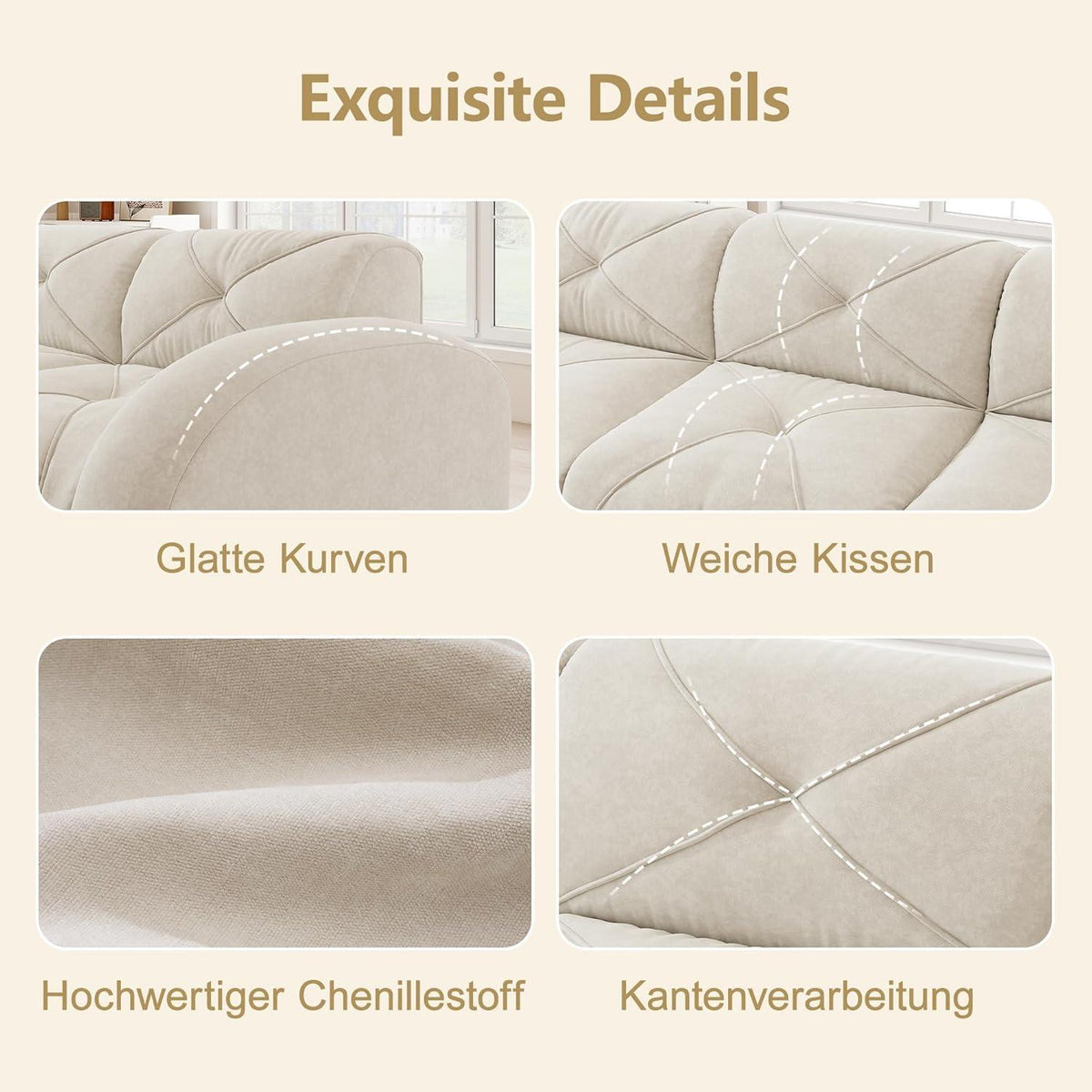 Modulares Cord Sofa 3-Sitzer + 2 Hocker – Weiß