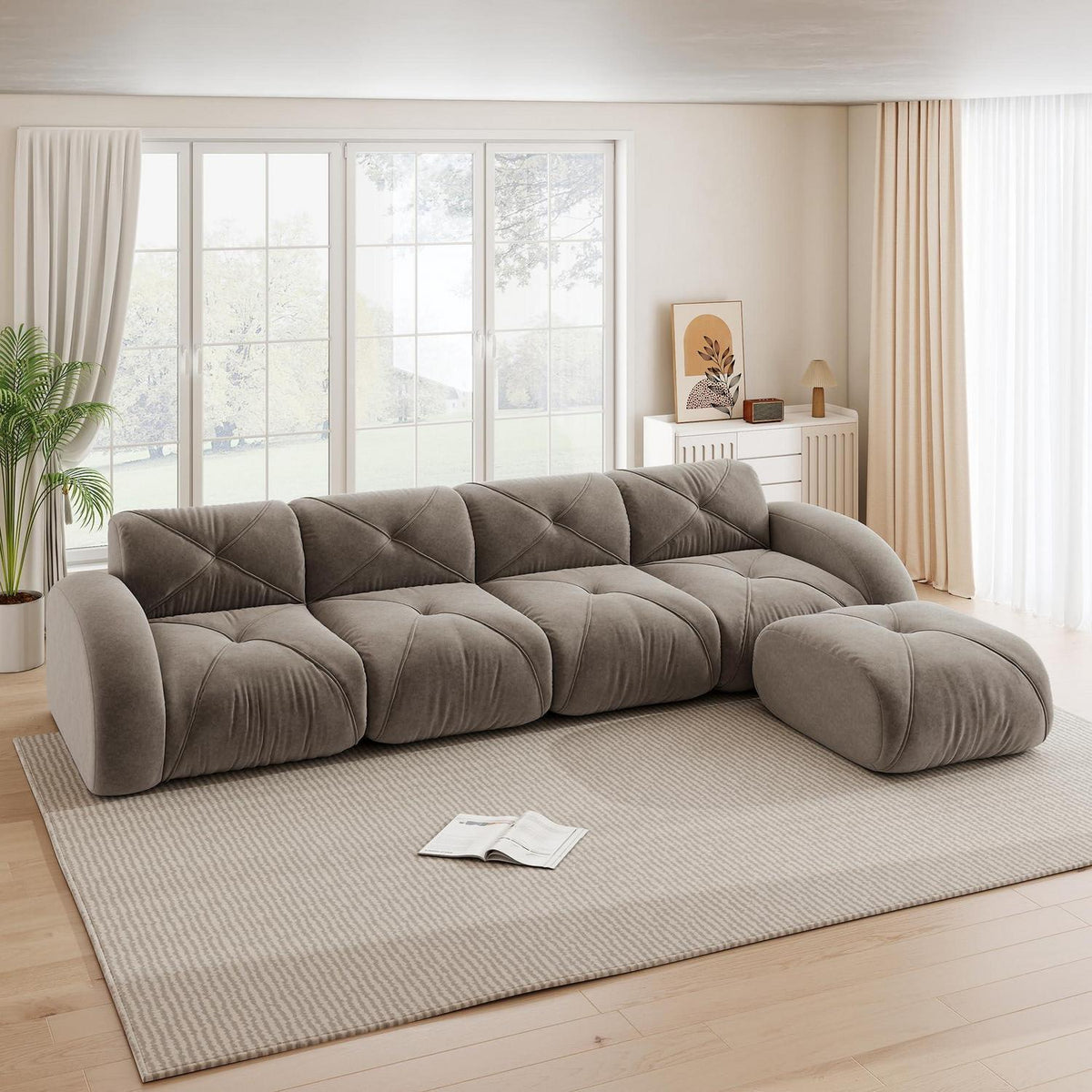 Großes L-förmiges Cord Sofa 4-Sitzer mit Fußhocker (Braun)