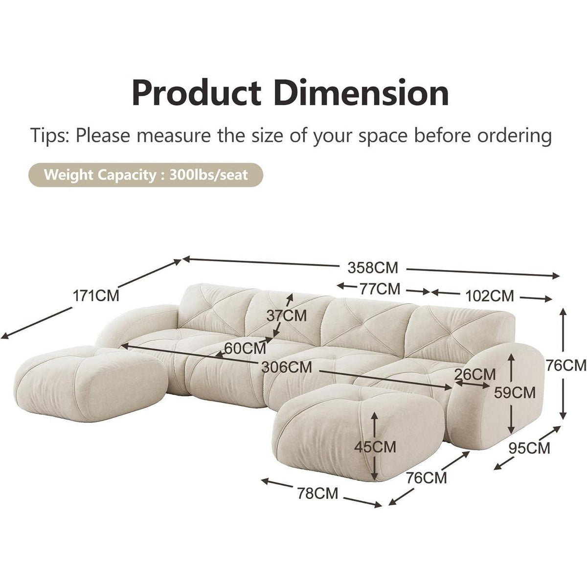 Modulares Cord Sofa 4-Sitzer mit Fußhockern – Weiß