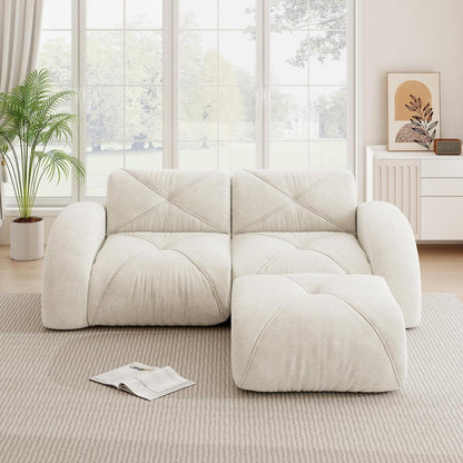 L-förmiges Ecksofa 2-Sitzer mit Fußhocker, Chenille, Weiß