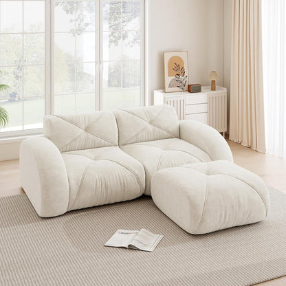 L-förmiges Ecksofa 2-Sitzer mit Fußhocker, Chenille, Weiß