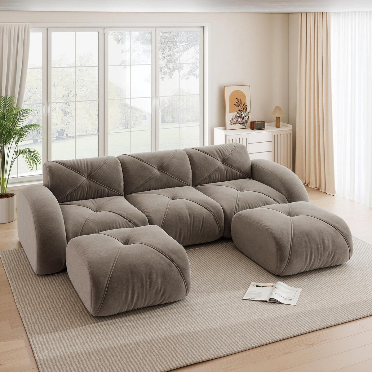 Modulares Cord Sofa 3-Sitzer + 2 Hocker – Braun