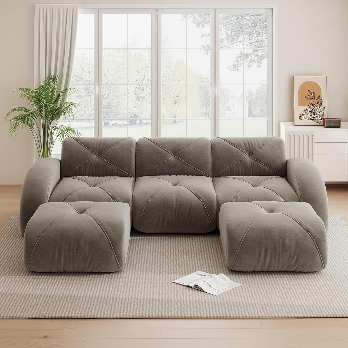 Modulares Cord Sofa 3-Sitzer + 2 Hocker – Braun