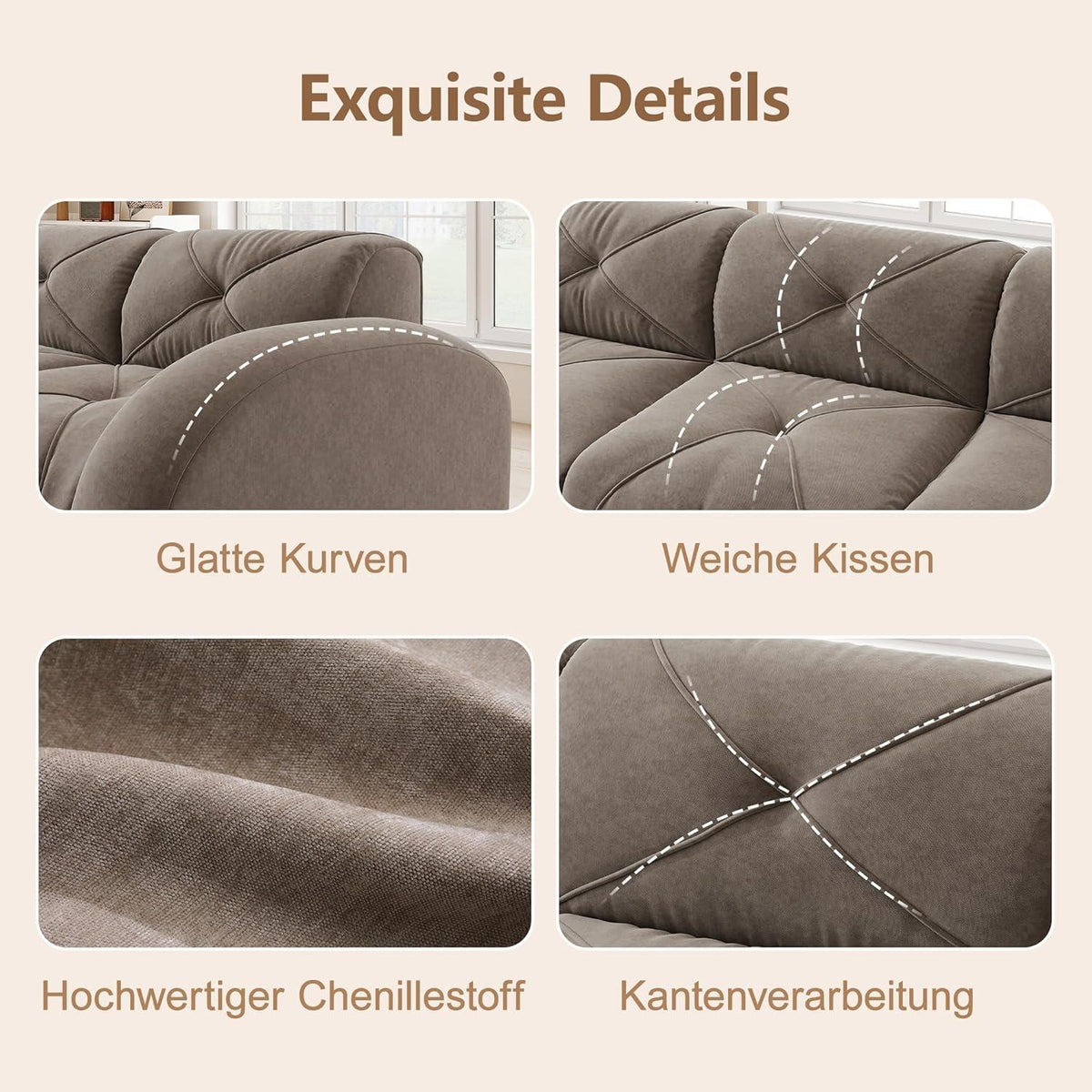 Modulares Cord Sofa 3-Sitzer + 2 Hocker – Braun