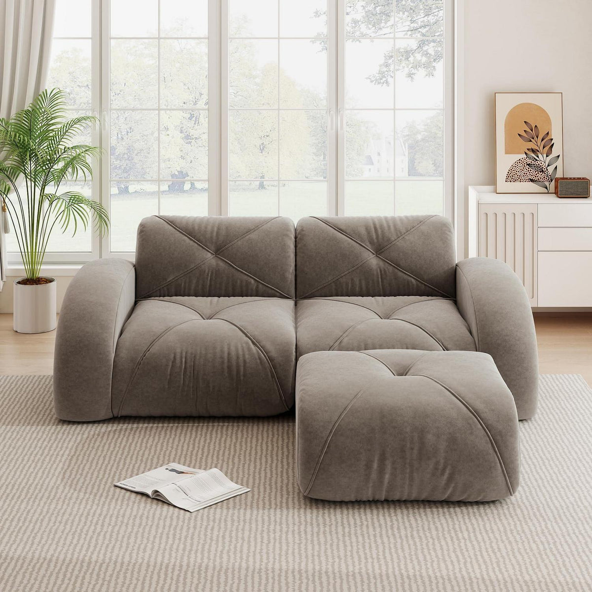 L-förmiges Ecksofa 2-Sitzer mit Fußhocker, Braun