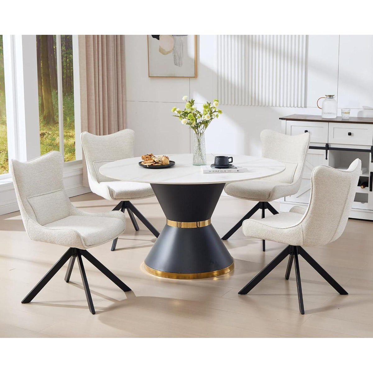 Drehbarer Esszimmerstuhl mit Chenille-Polsterung, Beige