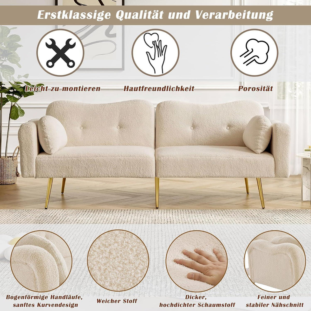 Schlafsofa 2-Sitzer mit Bettfunktion & Stauraum, Beige