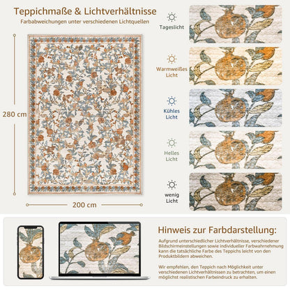 Vintage Teppich 200x280 cm – Orange-Beige, Kurzflor & Rutschfest