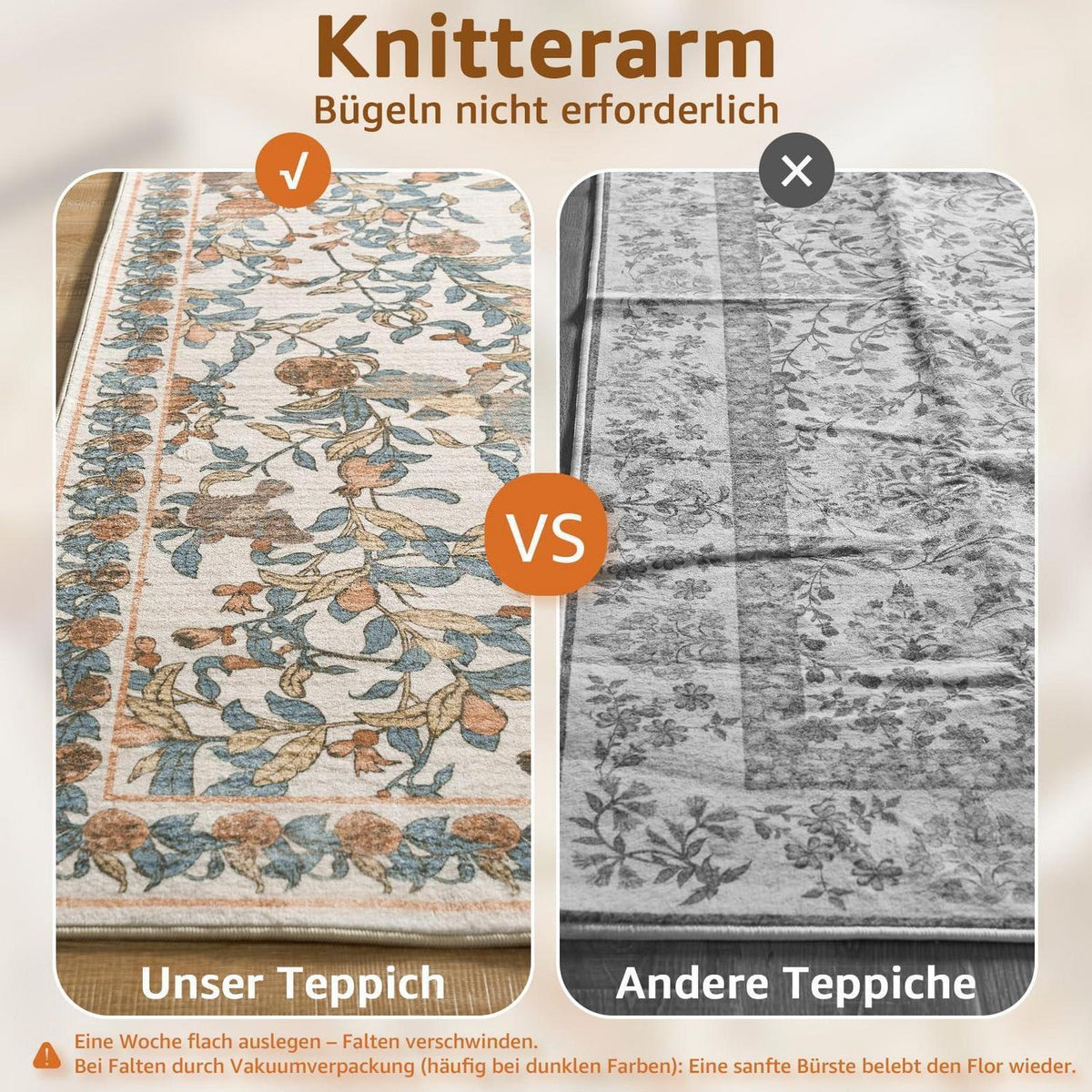 Vintage Teppich 200x280 cm – Orange-Beige, Kurzflor & Rutschfest