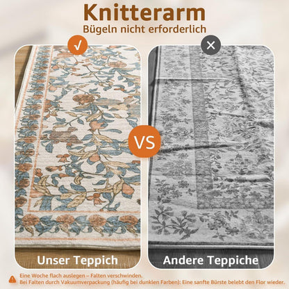 Vintage Teppich 200x280 cm – Orange-Beige, Kurzflor & Rutschfest