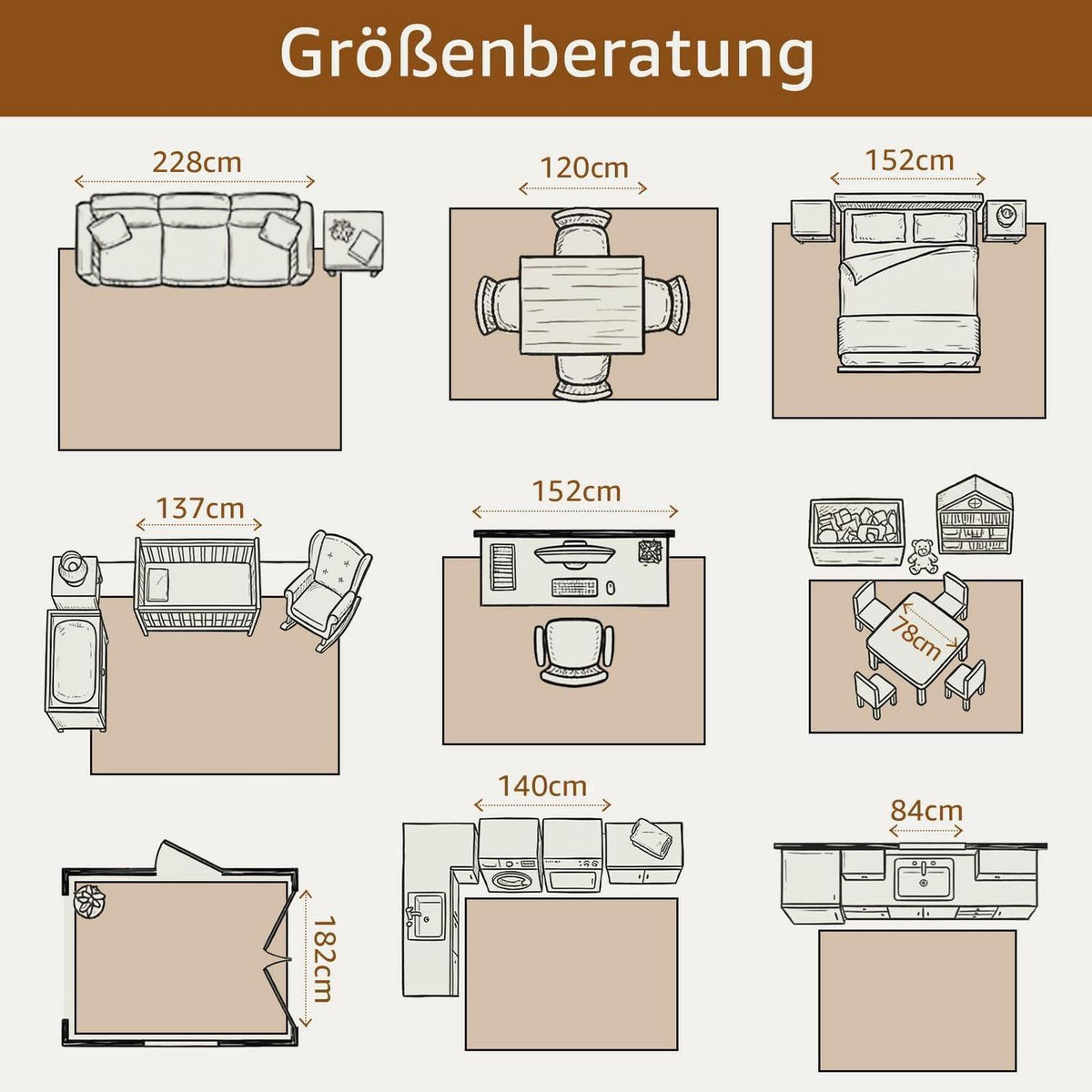 Vintage Teppich 200x280 cm – Orange-Beige, Kurzflor & Rutschfest