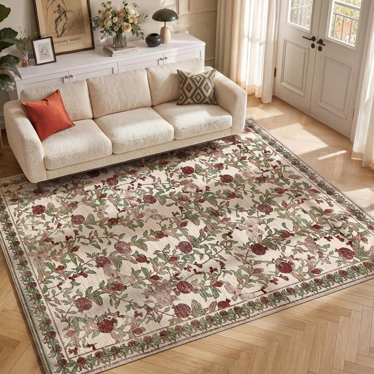 Vintage Teppich floral rot-beige 160x220 cm – Waschbar & Rutschfest