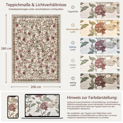 Vintage Teppich floral rot-beige 200x280 cm – Waschbar & Rutschfest