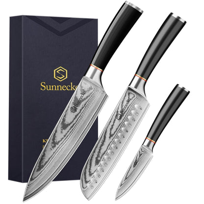 3-tlg Damast Messerset | Professionelle Küchenmesser Set