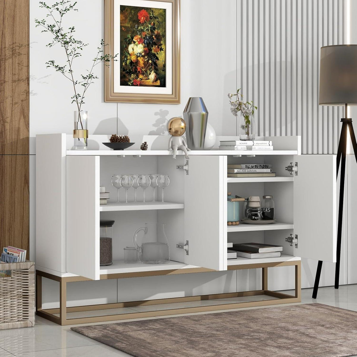 Weißes Sideboard 120cm – Küchenschrank mit Arbeitsplatte & Regalen