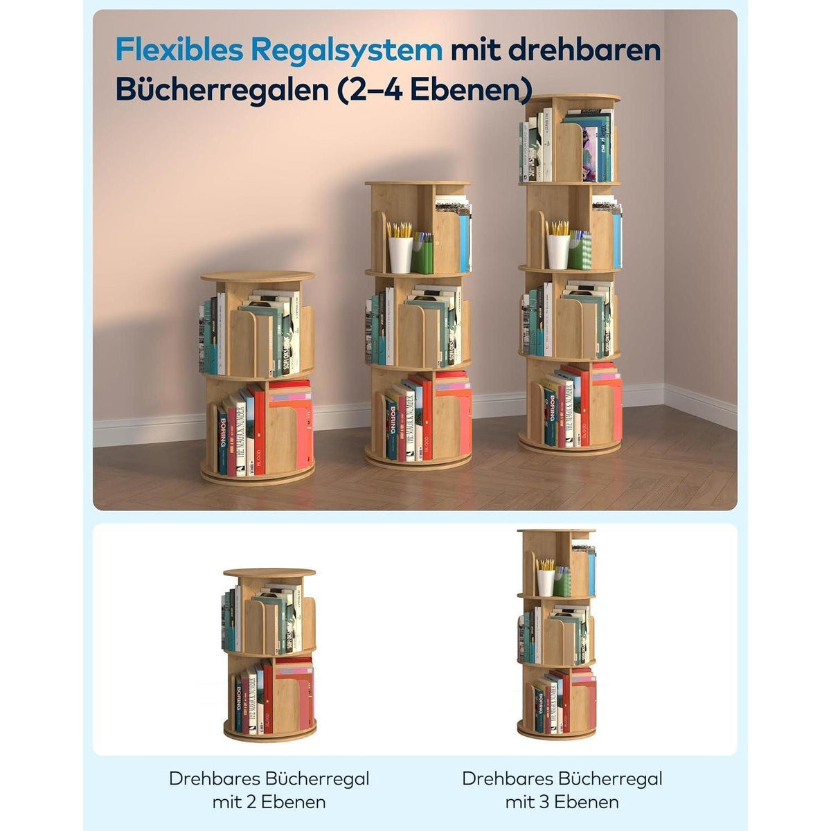 Drehbares Bücherregal Holz 4 Ebenen – Platzsparend & Flexibel