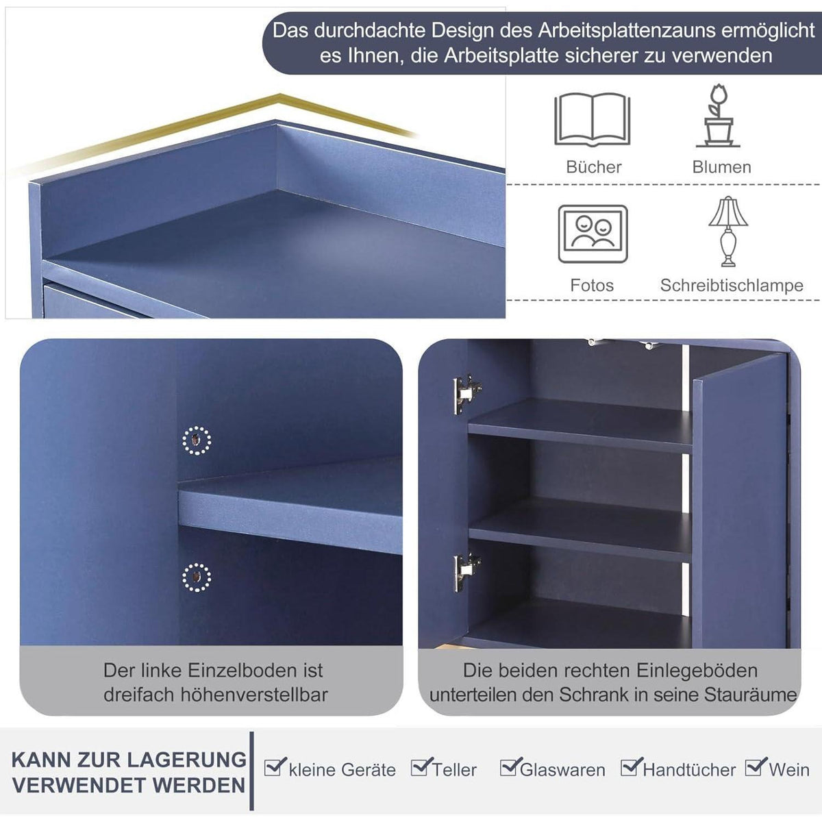 120cm Sideboard Blau – Küchenschrank mit Arbeitsplatte & Regalen