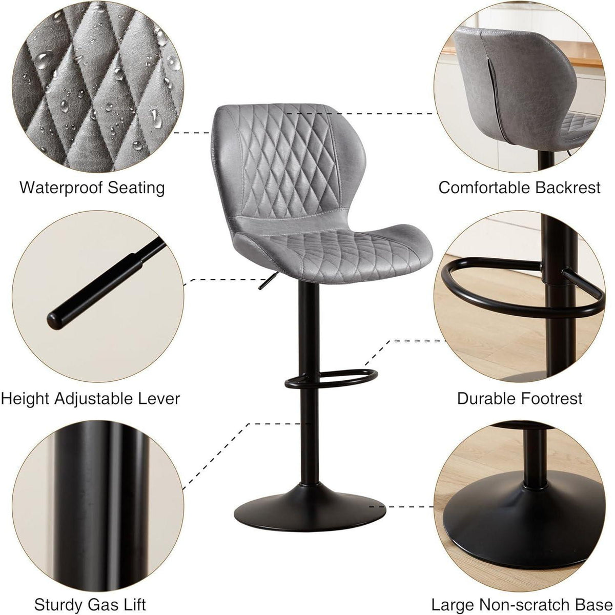 Barhocker mit Lehne, Höhenverstellbar, Grau, 6er Set