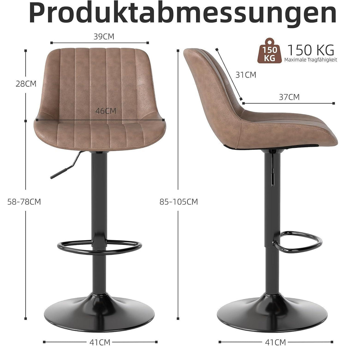 Drehbarer Barhocker mit Lehne, Höhenverstellbar Braun