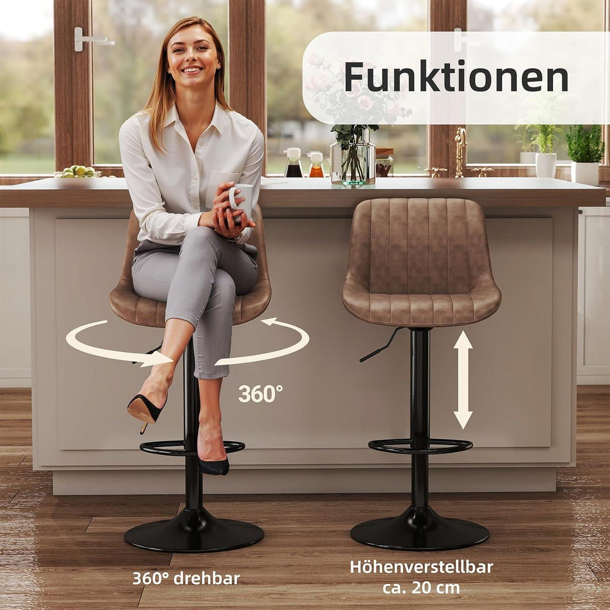 Drehbarer Barhocker mit Lehne, Höhenverstellbar Braun