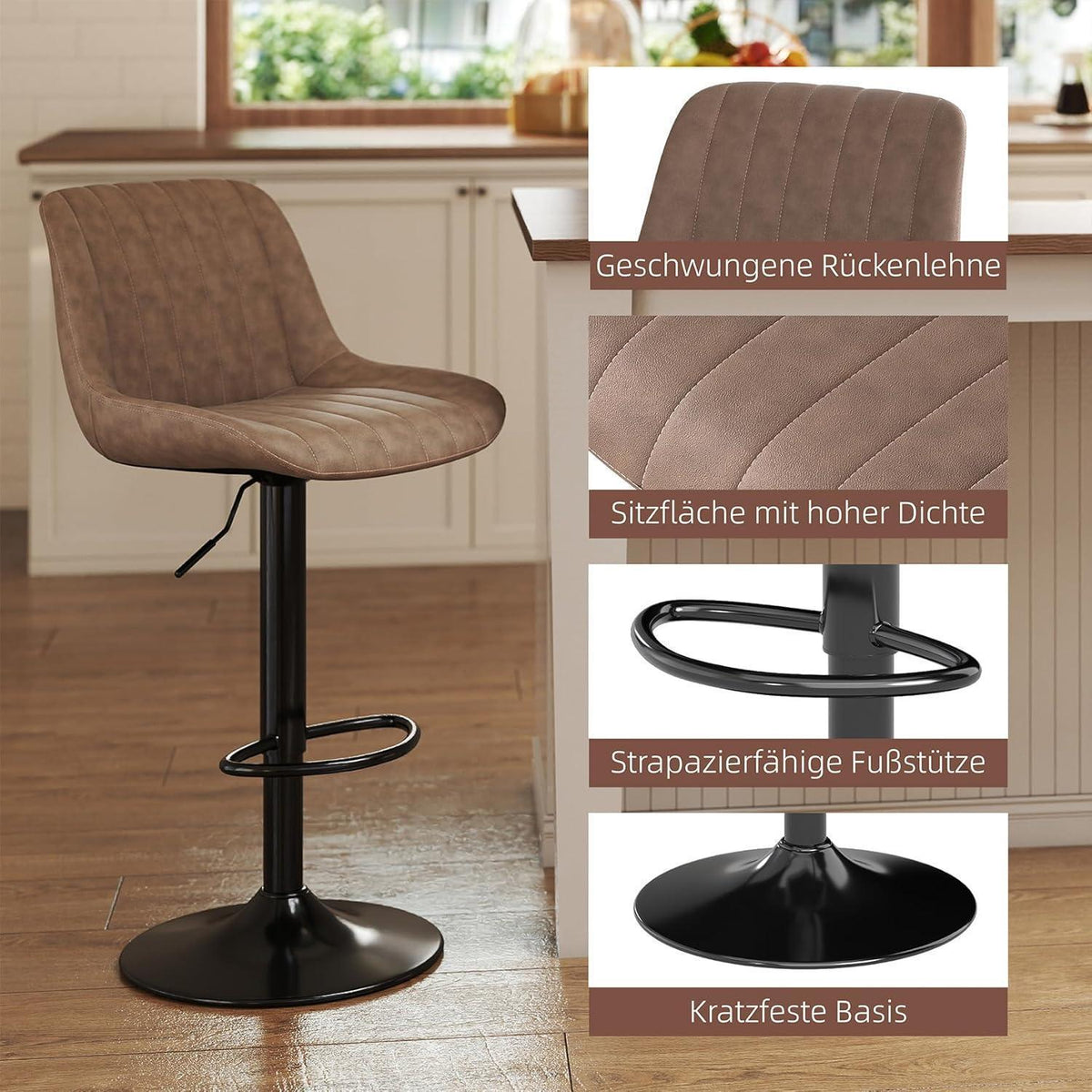 Drehbarer Barhocker mit Lehne, Höhenverstellbar Braun